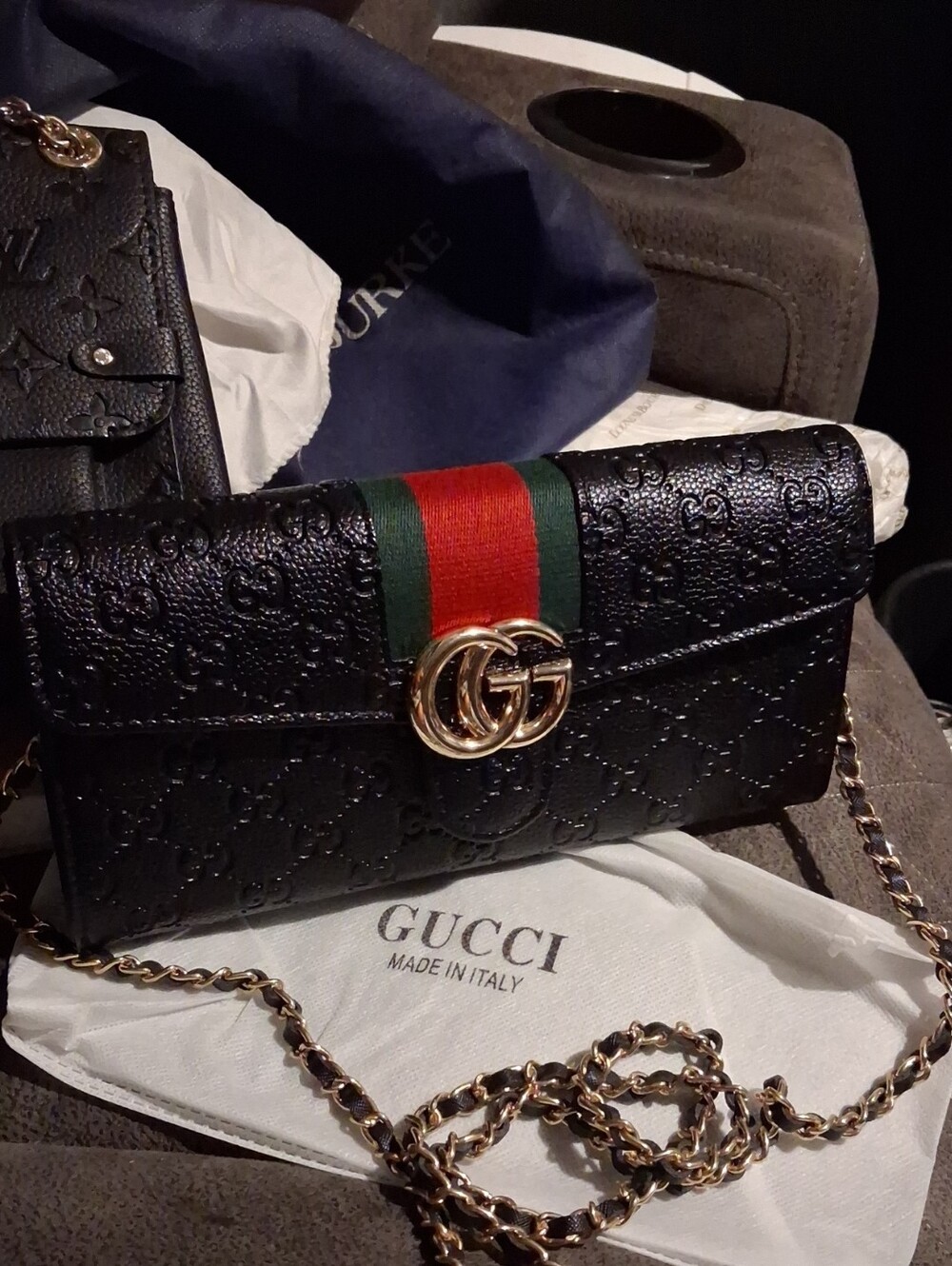 Black Leather Crossbody with Red and Green Web and Gold GG